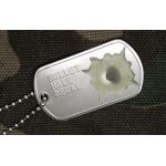 .22 Cal Bullet Hole Sticker on matte dogtag on camo