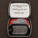 Mini Hinged Tin Box with custom message and dogtags inside