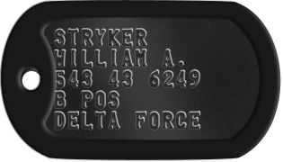 U.S. Special Forces Dogtags STRYKER WILLIAM A. 543 43 6249 B POS DELTA FORCE