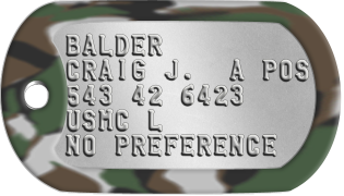 U.S. Marine Corps Dogtags BALDER CRAIG J.  A POS 543 42 6423 USMC L NO PREFERENCE