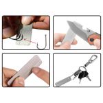 Pocket Sharpening Stone being used for sharpening fish hook, sharpening knife blade, filing fingernail, on a keychain