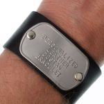 Personalized Leather Cuff Dog Tag on Man's wrist