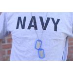 Mil-Spec Matte Dog Tag set with blue silencers on Navy TShirt