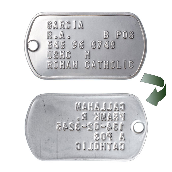 2 Military Dog Tags - Custom Embossed BRASS- GI Identification w/ Silencers