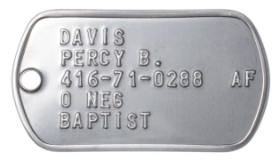 USAF Dog Tags 1975-2015 DAVIS PERCY B. 416-71-0288  AF O NEG BAPTIST
