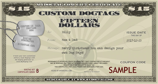 Click here to see a larger version Sample MyDogtag.com Gift Certificate