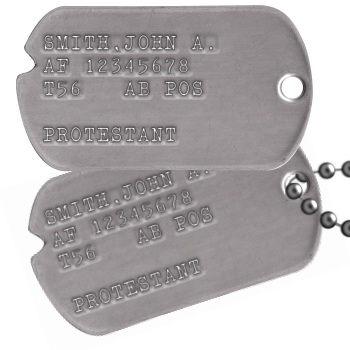 DOG TAGS VINTAGE NOTCHED US GENUINE ISSUE 1961 DEBOSSED YOUR INFO W/GI MACHINE 