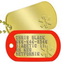 Brass Asklepian Tag Diabetic Dog Tags - CHRIS BLACK 555-546-2345 DIABETIC II RH NEG METFORMIN   