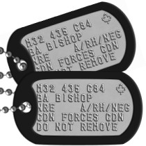 Canadian info on US Tag US Army Style Canadian Dogtags - M32 435 C84  🍁 BA BISHOP NRE    A/RH/NEG CDN FORCES CDN DO NOT REMOVE   