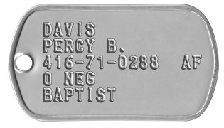 USAF Dog Tags 1975-2015 DAVIS PERCY B. 416-71-0288  AF O NEG BAPTIST