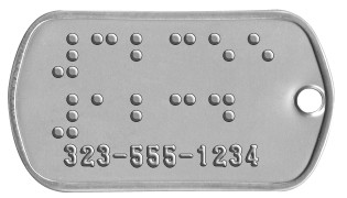 Guide and Service Dog Tags  323-555-1234 ⠼⠉⠃⠉⠑⠑⠑ ⠼⠁⠃⠉⠙  
