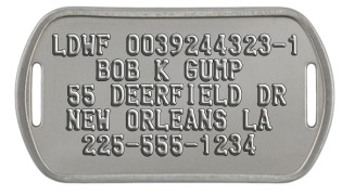 LDWF (Louisiana) Crab Trap ID Tags LDWF 0039244323-1    BOB K GUMP  55 DEERFIELD DR  NEW ORLEANS LA   225-555-1234