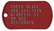 Red Aluminum Medical Tag Diabetic Dog Tags - CHRIS BLACK 555-546-2345 DIABETIC II RH NEG METFORMIN   