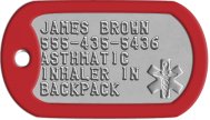 Steel Caduceus Tag Medical Condition Dog Tags - JAMES BROWN 555-435-5436 ASTHMATIC INHALER IN BACKPACK   