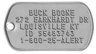 Fur Trap ID Tags    BUCK BOONE 272 EARNHARDT DR  LOUISVILLE KY   ID 95483743  1-800-25-ALERT