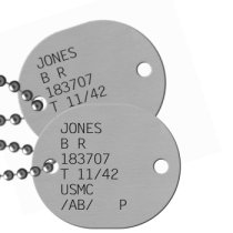 WWII USMC 2-hole Dog Tag Navy & USMC Dog Tags 1921-1950 (WWII Era) - JONES B R 183707 T 11/42 USMC /AB/   P  