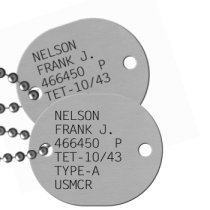 WWII USMCR 2-hole Dog Tag Navy & USMC Dog Tags 1921-1950 (WWII Era) - NELSON FRANK J. 466450  P TET-10/43 TYPE-A USMCR  